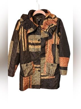 KI MENG Patchwork Statement Coat Women’s Small Sculptural Ruffle Collar